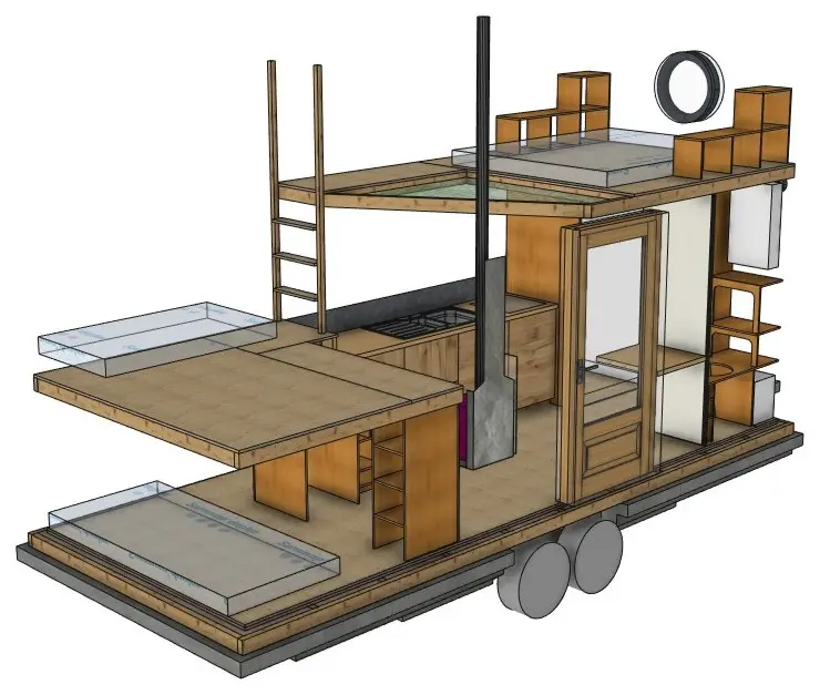Rendu 3D en coupe de l'aménagement intérieur de la tiny house : mezzanines, cuisine, poêle à bois et rangements