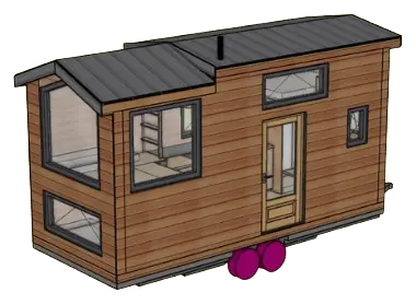 Rendu 3D de la tiny house de base d'Atelier Bercail : bardage bois, toiture en deux pans et grandes fenêtres