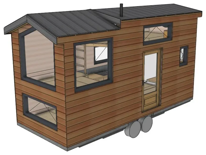 Rendu 3D de la tiny house de base d'Atelier Bercail : bardage bois, toiture en deux pans et grandes fenêtres